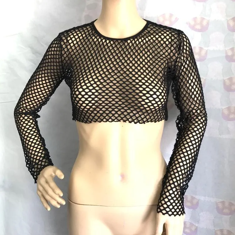 Women's T-Shirt 2021 Sexy Women See Through Mesh Fishnet Tee Black Perspective Bodycon Long Sleeve Crop Tops Hollow Out Beach T Shirt