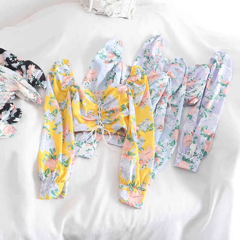 Lente Zomer Sexy Shirt Dames Vintage Bloemen Bandage Crop Top Buis Koreaanse kleding Puff Sleeve Kawaii Short Female 210514