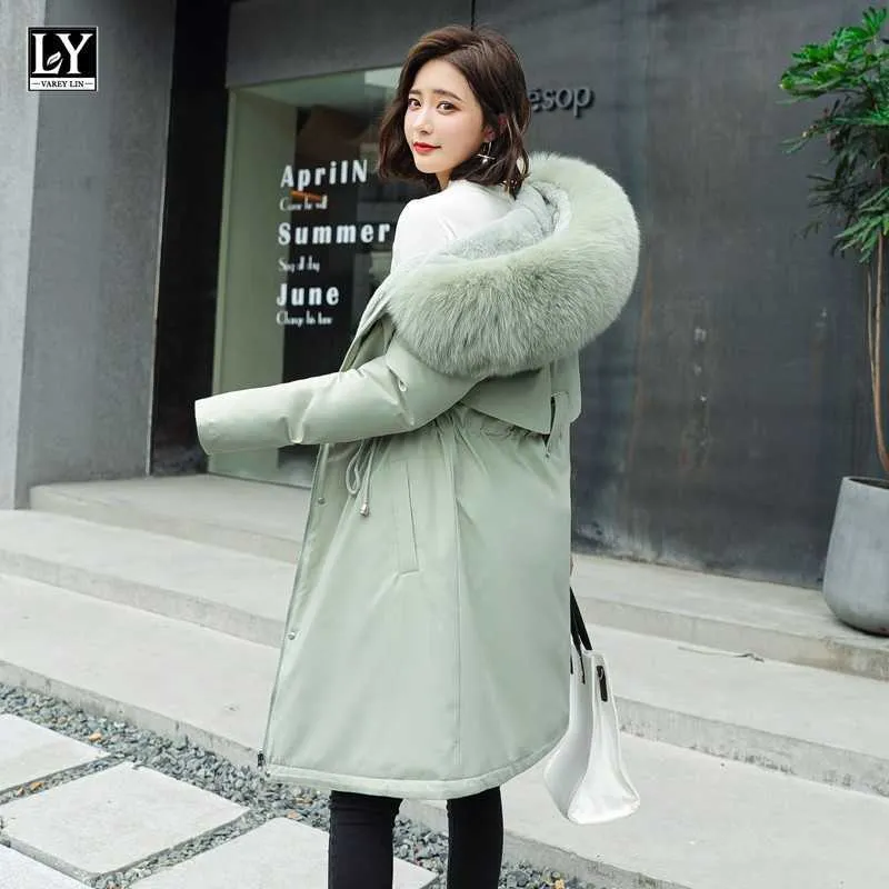 LY VAREY LIN Winter Cotton Parkas Women Large Fur Collar Slim Hooded Thick Warm Coat Padded Jacket Snow 210526