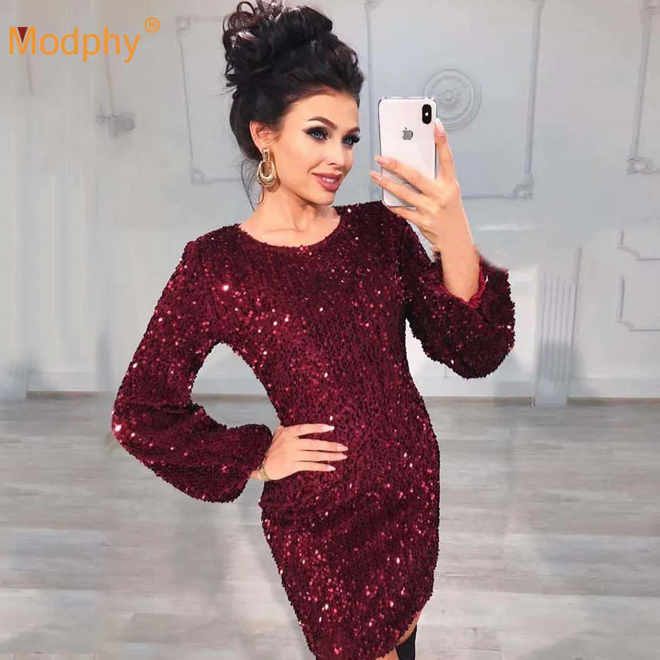 Vinter Sexig Lantern Sleeve O-Neck Sparkling Sequined Mini Dress Celebrity Runway Club Party Bodycon Vestidos 210527