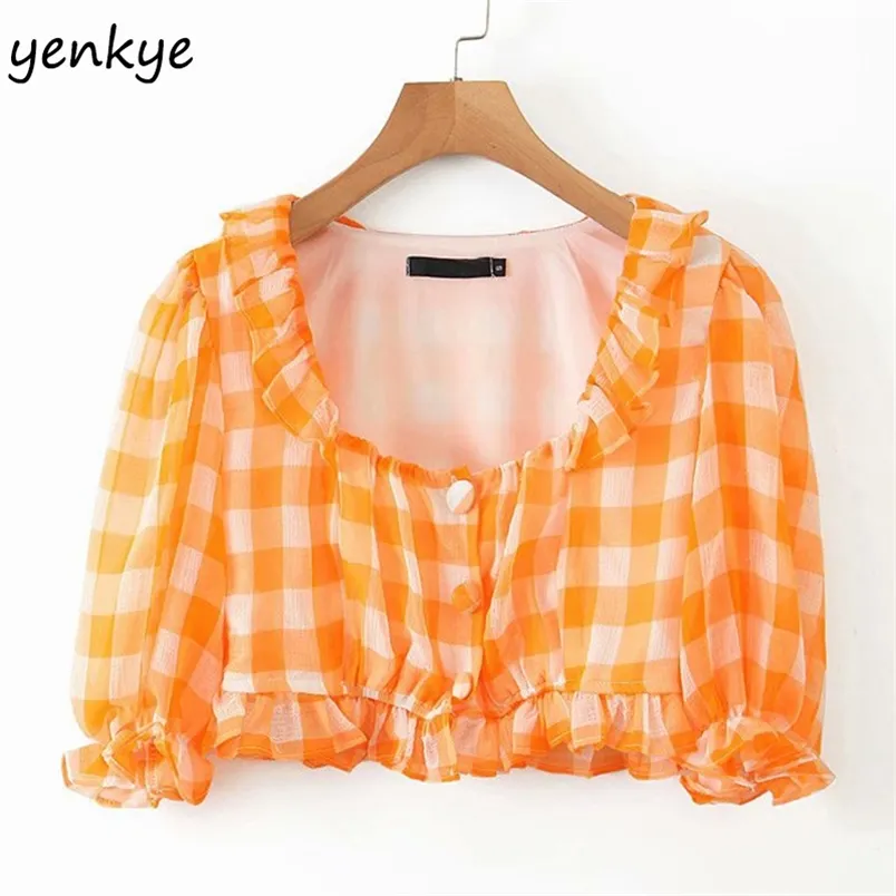 Vintage Orange Plaid Crop Top Women Square Neck Rękawem Puff Sleeve Sweet Wzburzyć Szyfonowe Topy Lato Krótka Bluzka Blusas Ljpz9364 210514