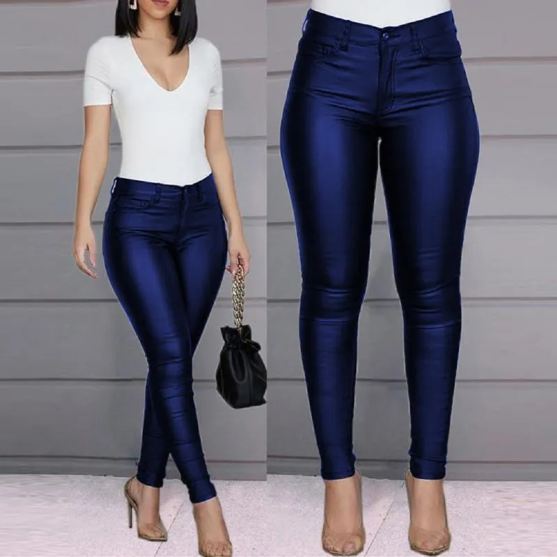 Простые сексуальные Bodycon PU кожаные брюки для женщин сплошной синий тощий эластичный высокий талию карандаш Бургундские брюки женские 2021 женские капризы