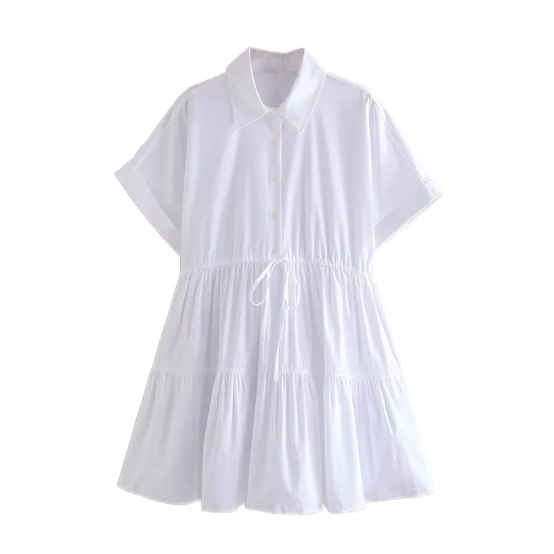 Moda blanco drapeado mini camisa vestido mujeres verano o cuello manga corta vestidos femeninos vestidos 210430