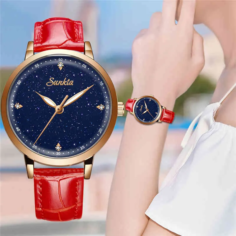 SUNKTA Classique Bracelet En Cuir Rouge Femmes Montre Cristal Fleur Décoration Cadran Cadeau Quartz Casual Montre-Bracelet Relogio Feminino 210517