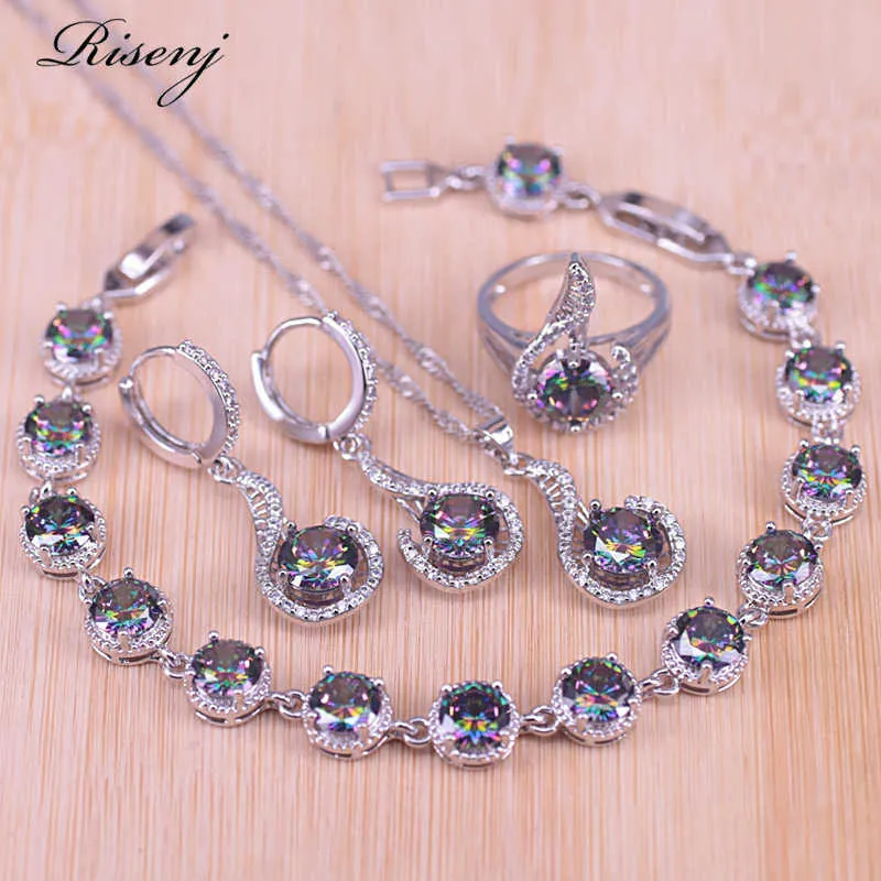 Risenj Rainbow Cubic Zircon Silver Color Jewelry Set For Women Drop Earrings Necklace Ring Bracelet Set Bridal Jewelry H1022