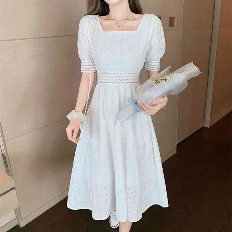 Women's Summer Korea Chic White Lace Puff Sleeve Square Collar Sweet Slim Hight Waist Temperament Midi Dresses Clothing 210514