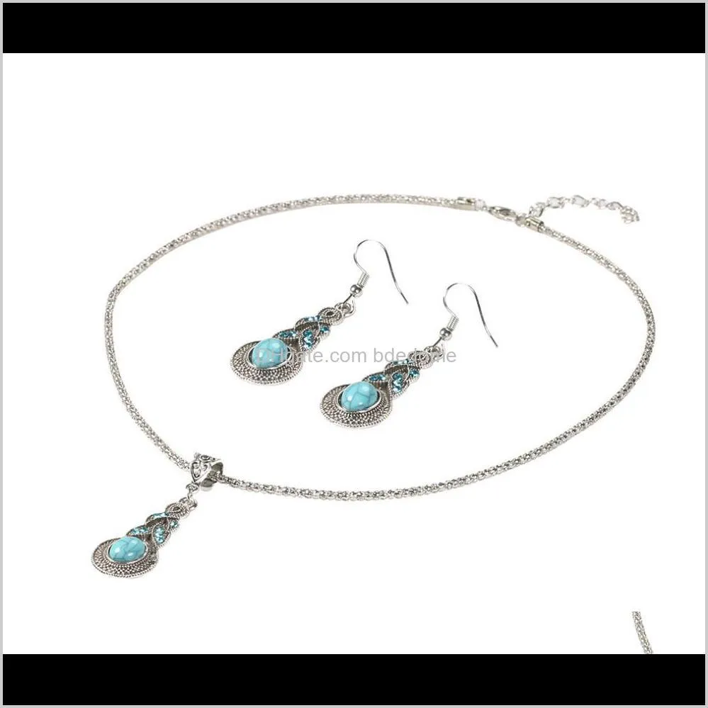 earring necklace jewelry sets turquoise pasted calabash shape alloy pendant necklace antique silver plated metal chain