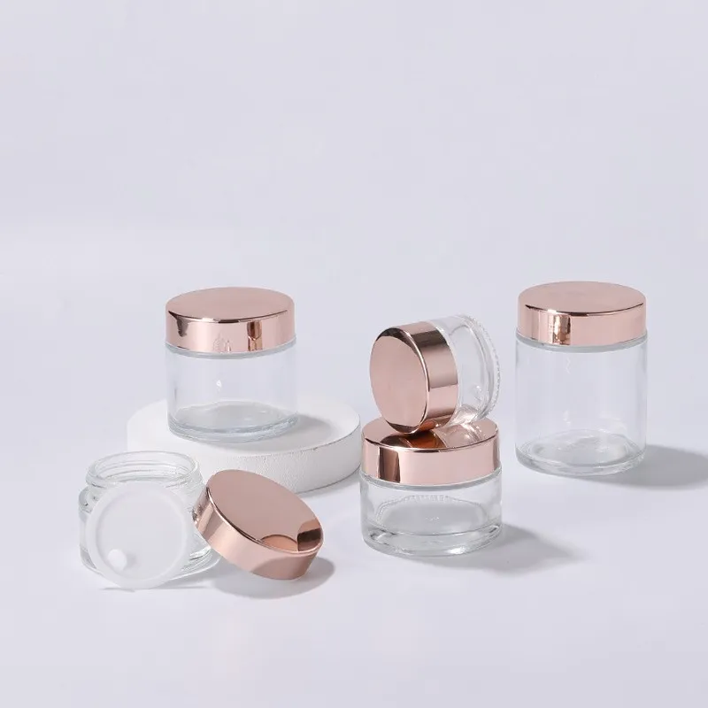 Frosted Glass Cream Jar Clear Cosmetic Bottle Lotion Lip Balm Container With Rose Gold Lid 5G 10G 30G 50G 100G Packing Bottles DH8455