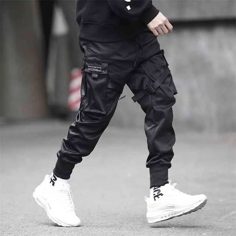 PROWOW homens fitas streetwear calças de carga outono hip hop corredores macacões preto moda bolsos folhetos 210715