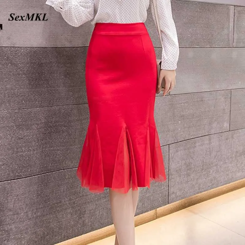 Sexmkl Plus Size Womens Red Pencil Skirt Casual High Waist Black Skirt Korean Office Women Sexy