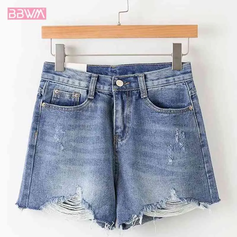 Женская летняя прямая высокая талия промытые джинсы сырые женщины шорты корейской версии 210507