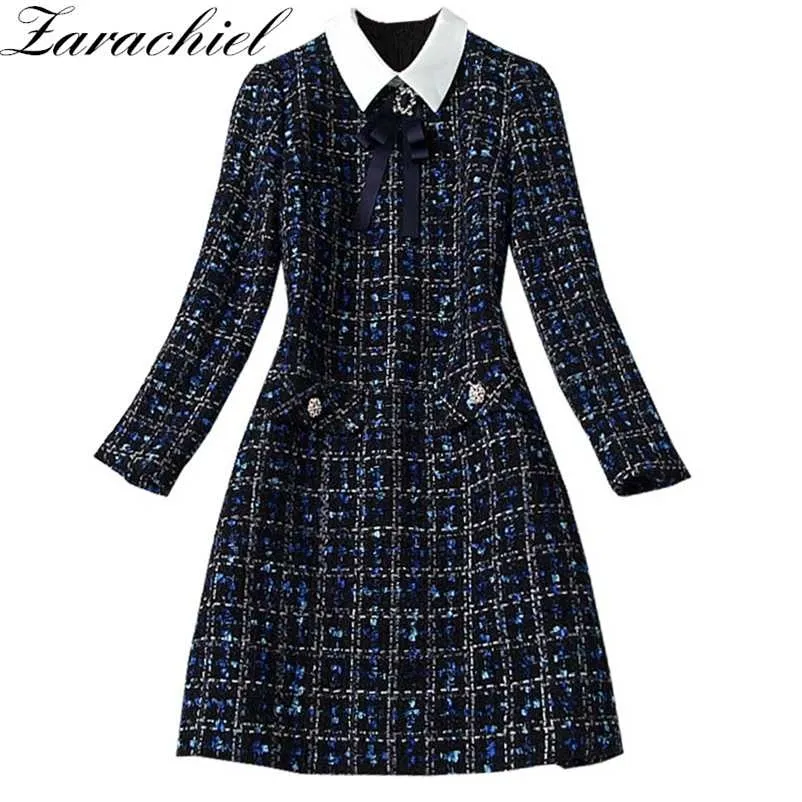 Fashion Designer Marineblauw Plaid Vlinderdas Tweed Jurk Herfst Winter Vrouwen Lange Mouwen Diamanten Knop Vintage Wollen Korte Jurk 220208