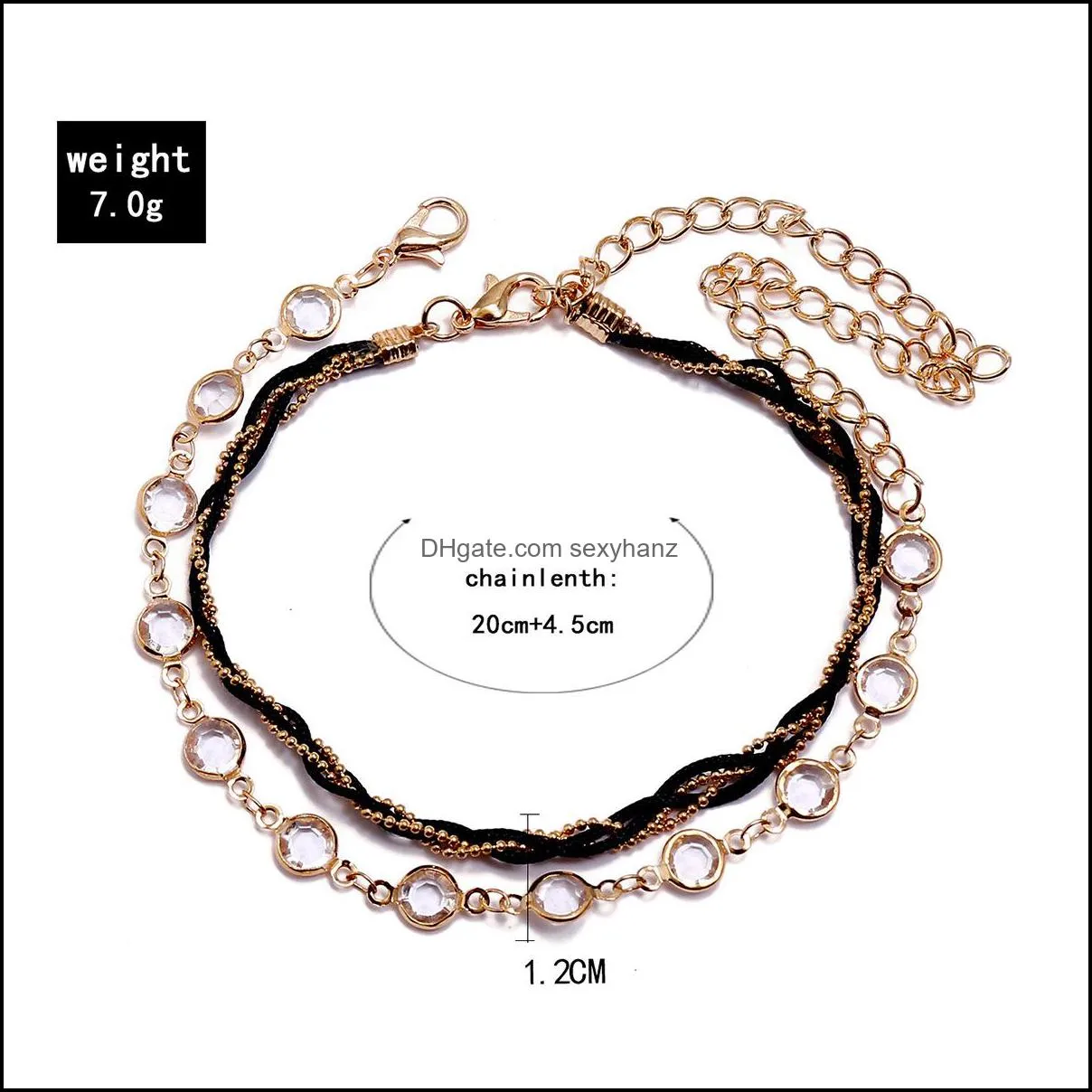 S1660 Hot Fashion Jewelry Handmade Beads Chain Transparent Rhinstone Double Layer Anklet Beach Anklets