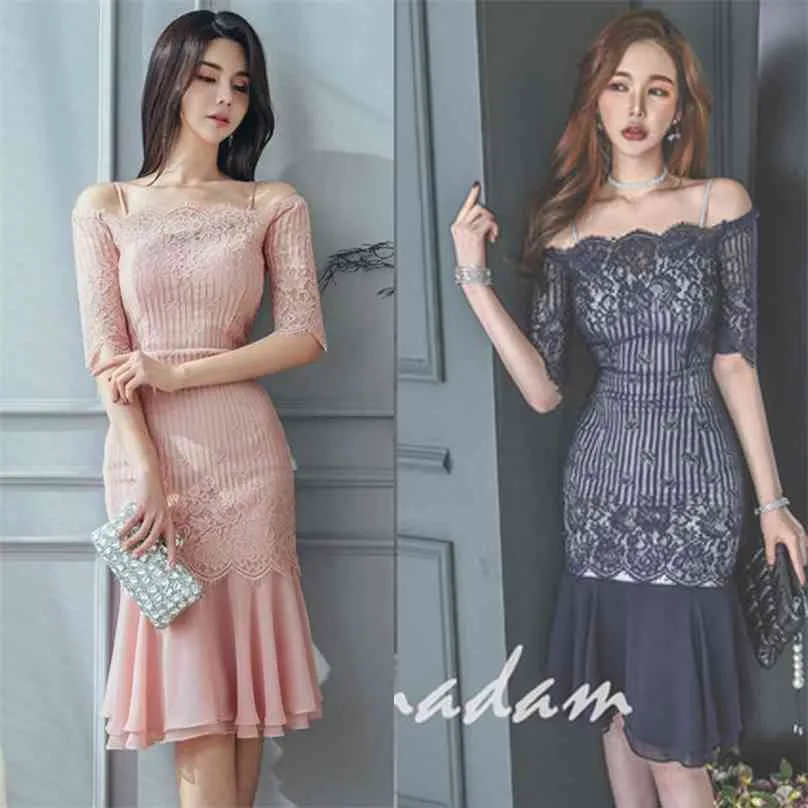 Off Shoulder Midi Jurken Dames Korea Roze Zomer Sexy Korte Kant Mouw Business Office Party for Women 210602