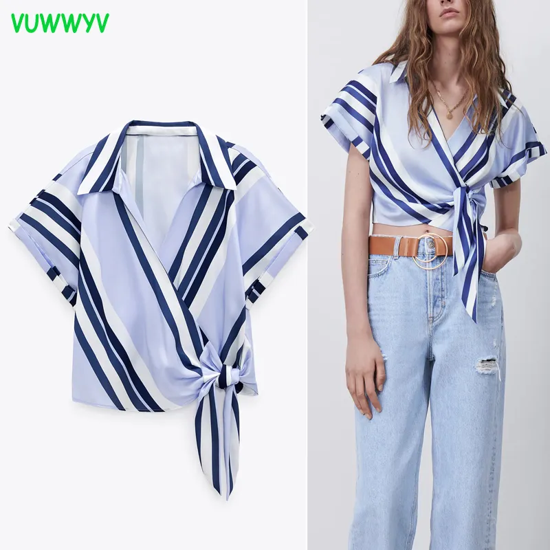 Vuwwyv blauwe gestreepte knoop vrouw shirts zomer casual korte mouw vrouwen blouses mode streetwear crop tops vrouwelijke 210430