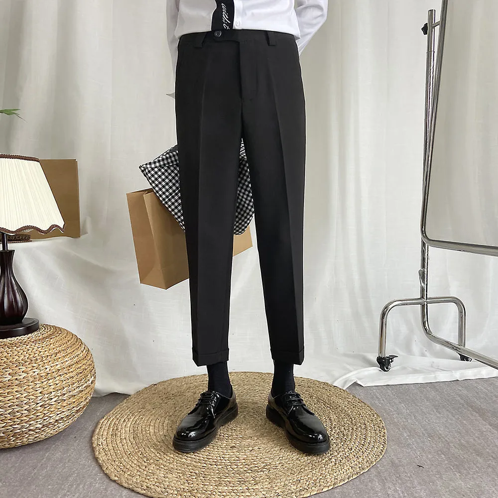 British Style Autumn New High Waist Dress Pants Men Belt Design Slim Fit  Suit Pants Formal Office Social Wedding Party Trousers