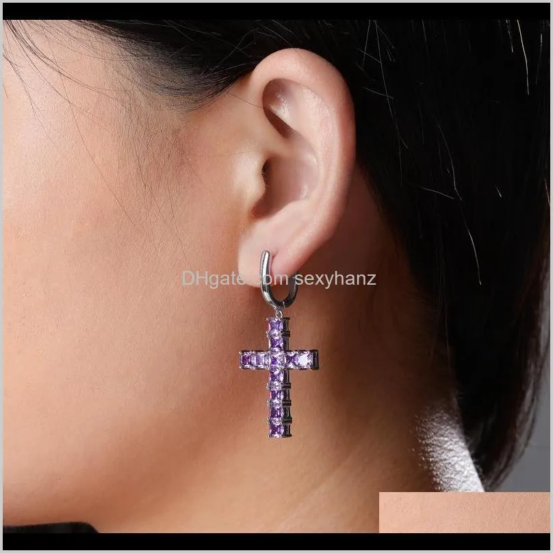 1 pair 2pcs hip hop micro paved cubic zirconia bling cross earring men women ice out rapper jewelry
