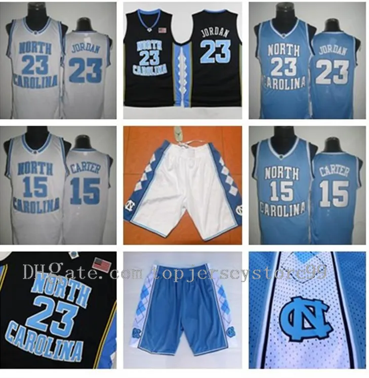Vintage Vince Carter UNC Jersey North Carolina #15 Vince Carter Blå Vit Sydda NCAA College Baskettröjor, Broderi logotyper shorts