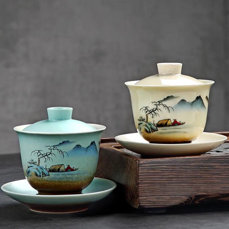 Retro Ceramic Gaiwan Teacup Handmade Sancai Tea Tureen Teaware Accessories Drinkware Portable Travel Personal Cup
