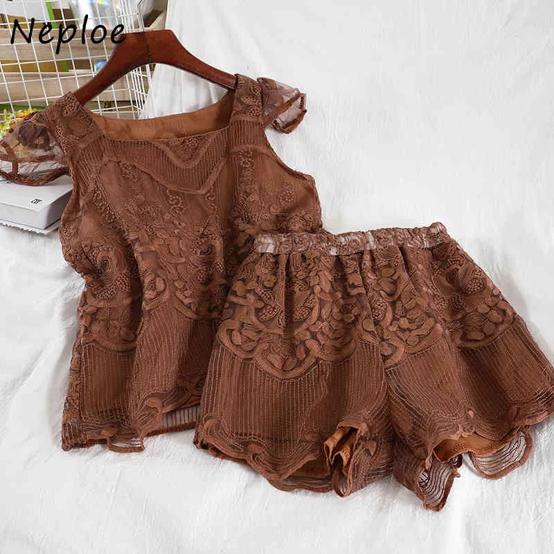 Neploe Elegant Lace Patchwork Solid 2 st Kvinnor Ställ fyrkantig krage Ärmlös Camis Top + High Waist Hip Shorts Sommardrag 210423