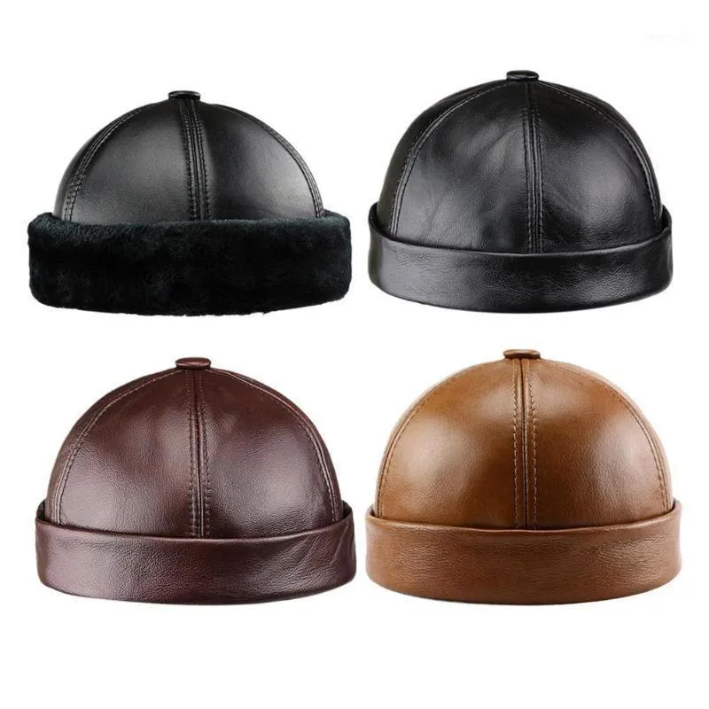 Berets High Quality Genuine Leather Hat Men Fashion Solid Winter Warm Beanie Hats Trend Old Man Cowhide Flat Cap