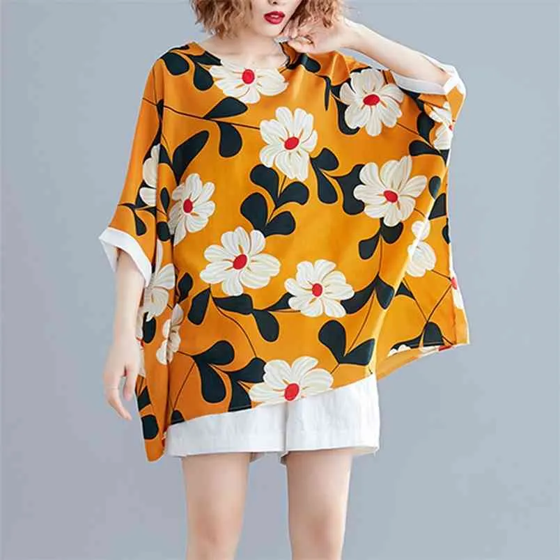 Plus Size Women T-shirt Summer Loose Batwing Sleeve Flower Print Large Tshirts Femme Vintage Casual Tops Tees Big H888 210512