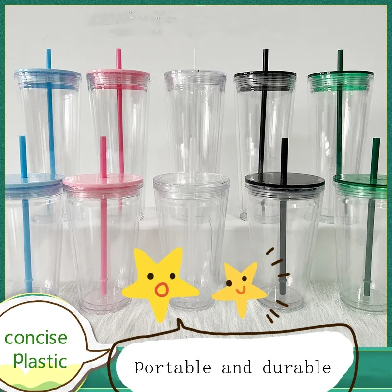 DIY 24oz 16oz Clear Plastic Tumblers Flat Lid Acrylic Water Bottles with Straw Double Walled Office Coffee Mugs Reusable 710ml 500ml Transparent PS Drinking Cups Min