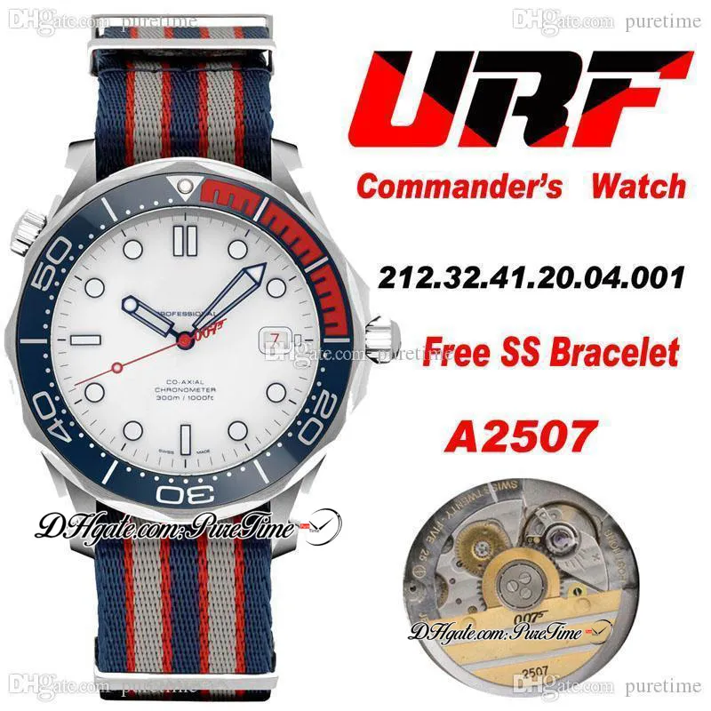 URF -dykare 300m A2507 Automatisk Mens Commander's Watch 007 Limited Edition White Dial Nato Commander Strap Red 7 Kalender 2023 (Free SS Armband) Puretime