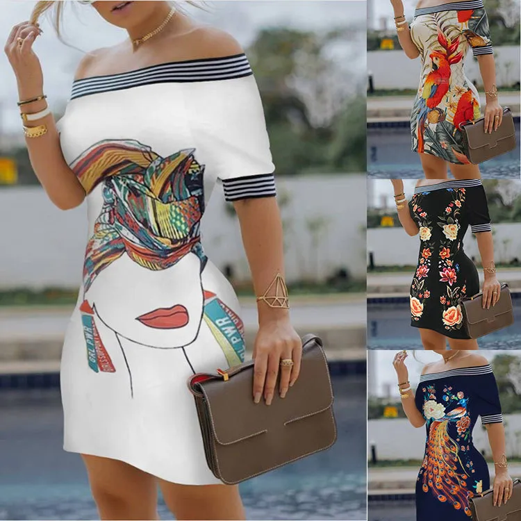 European and American Casual Dresses One-word Shoulder Digital Print Trim Sexy Pencil Skirt Girl