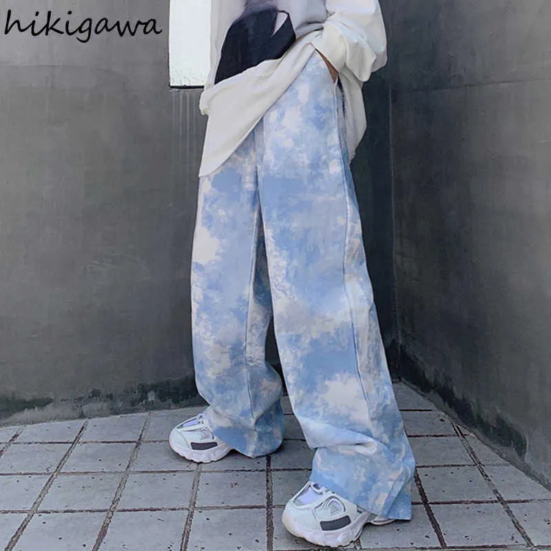 Hikigawa Long Disture Calças Reta Loose Mujer Pantalones Moda Coreana Elástica Cintura Pant Mulheres Homens Vintage Harajuku Calças Q0801