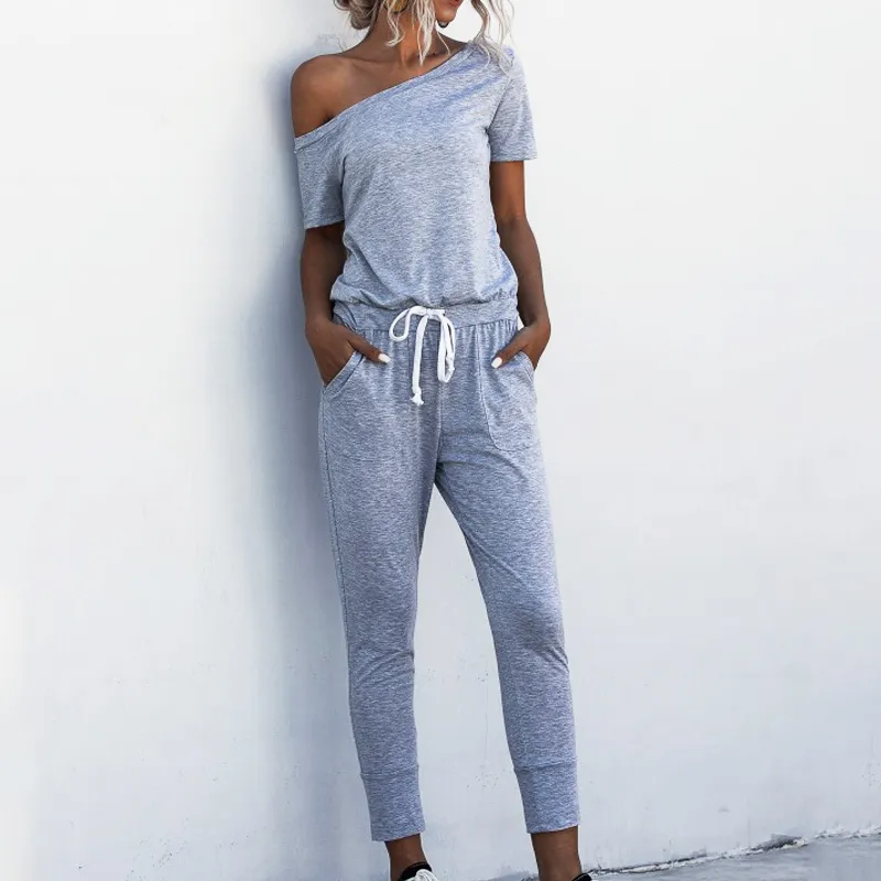 Lente Zomer Bodysuit Dames Streetwear Casual Off-Shoulder Short-Mouwen Pocket Lace-up Zwarte Dames Strapless Jumpsuit 210514