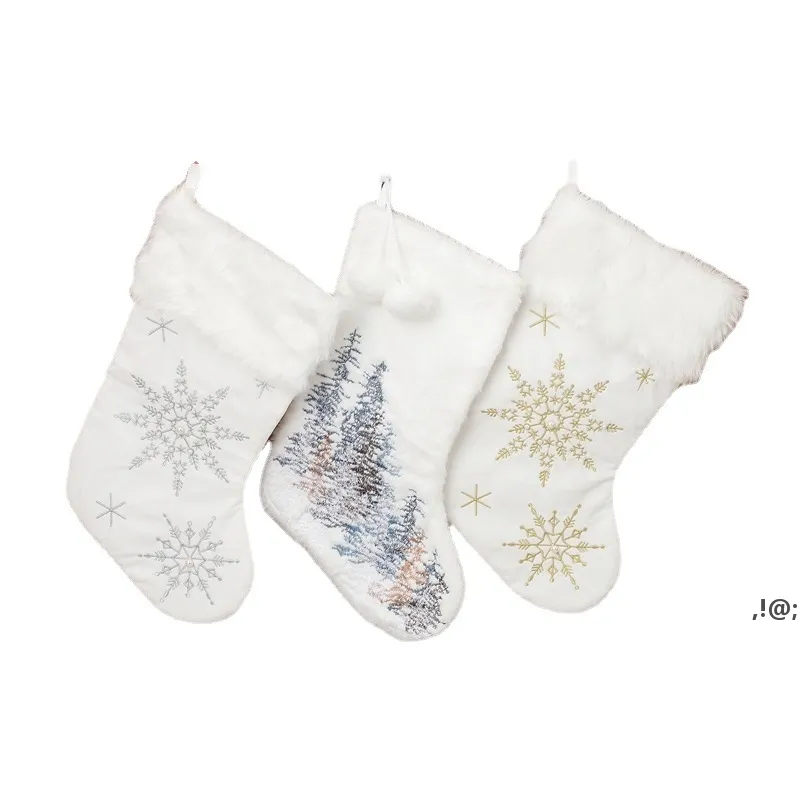 Christmas Stocking Snowy White Cosy Faux Bont Xmas Open haard Opknoping Sok Decoratief voor Familie Party Decoraties DIY Craft LLB11766