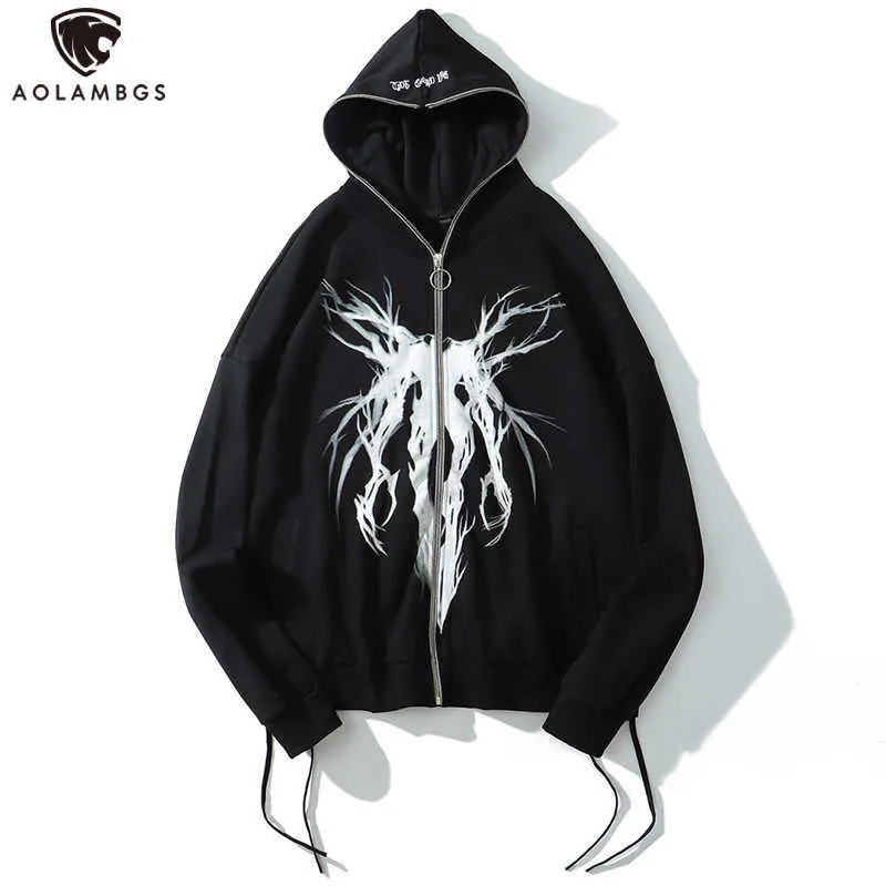 Aolamegs Punk Graphic Print Zipper Ribbon Hooded Hoodie Män Casual Black Cool Oversize Coat Fashion Sweatshirt Streetwear Höst 210707