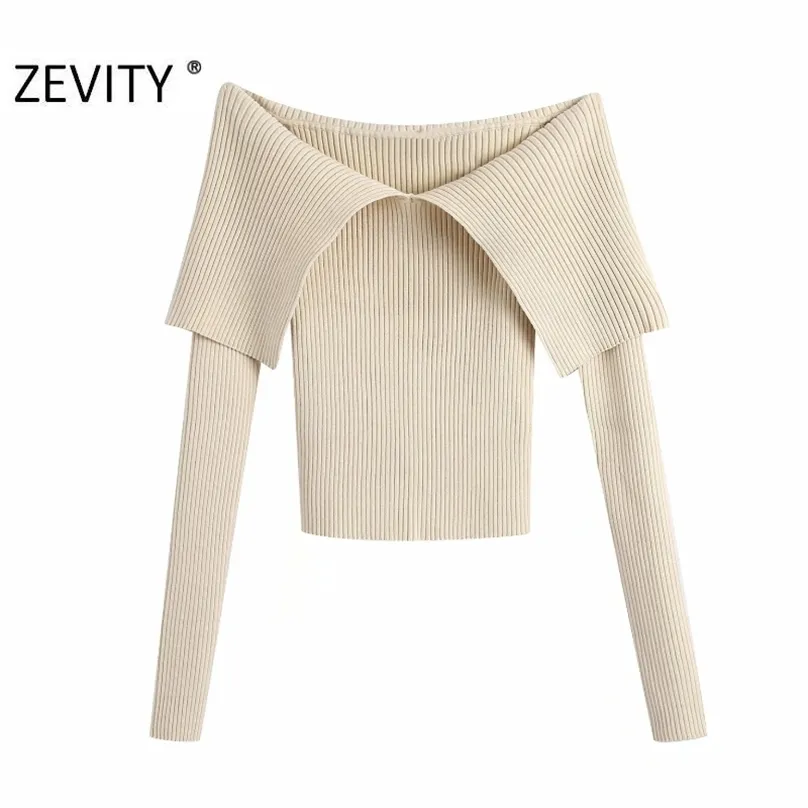 Zevity Kobiety Sexy Slash Neck Solid Color Slim Dzianie Sweter Femme Chic Podstawowy Z Długim Rękawem Casual Pulowers Marka Topy S477 210918