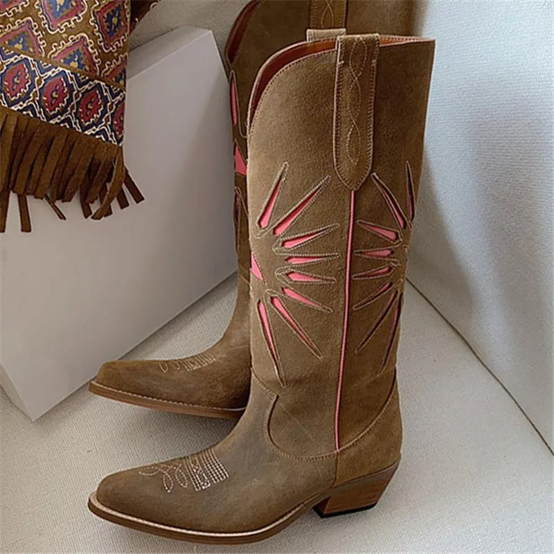 Brown Pointed Boots Winter Women's Toe Suede Western Cowboy broderad tjock häl knähög ryttare 70047