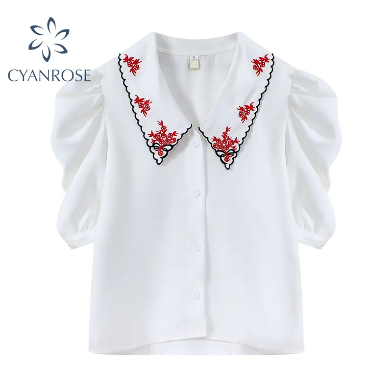 ビンテージ花刺繍ホワイトブラウス女性シックなエレガントなパフ半袖シャツ夏の新しい韓国風OLボタンBlusas 210417
