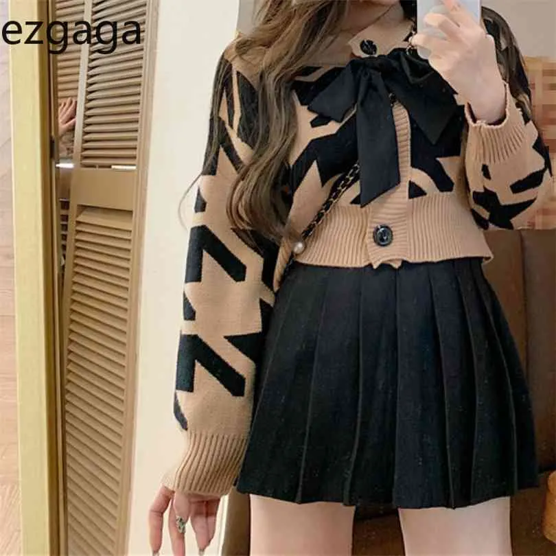 Ezgaga Bowknot Knit Cardigan Femmes Mode O-Cou Géométrique Outwear Automne Hiver Harajuku Crop Tops Pull coréen Femme 210922