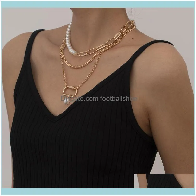 Multi-Layer Multi-Row Metal Irregular Square Pendant White Plastic Pearl Necklace Set For Women Rhodium Gold Plated Chains