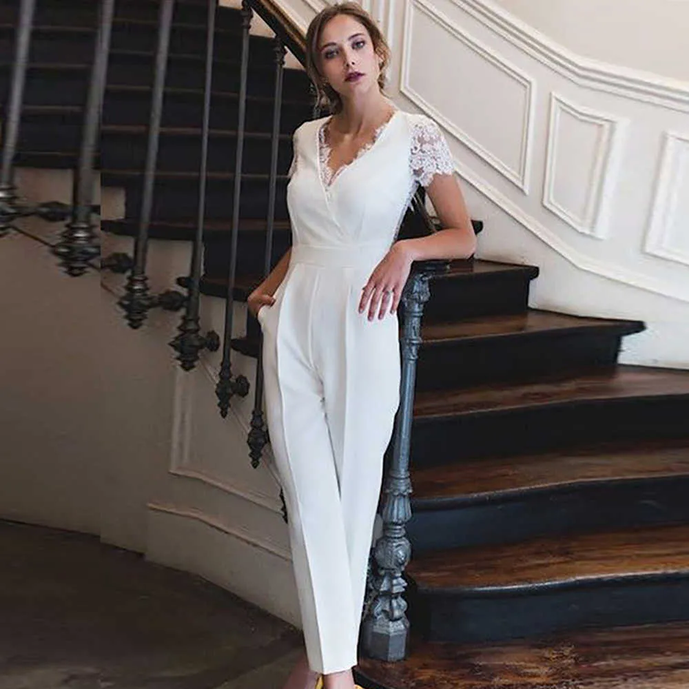 Ocstrade White Jumpsuit Short Sleeve Lace Runway Summer Women Sexy V-Neck Celebrity Club Party 210527