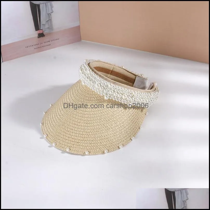 Wide Brim Hats Pearl Straw Empty Top Caps Outdoor Breathable Travel Sun Anti-UV Female Holiday Beach Hat Ladies Summer Shade