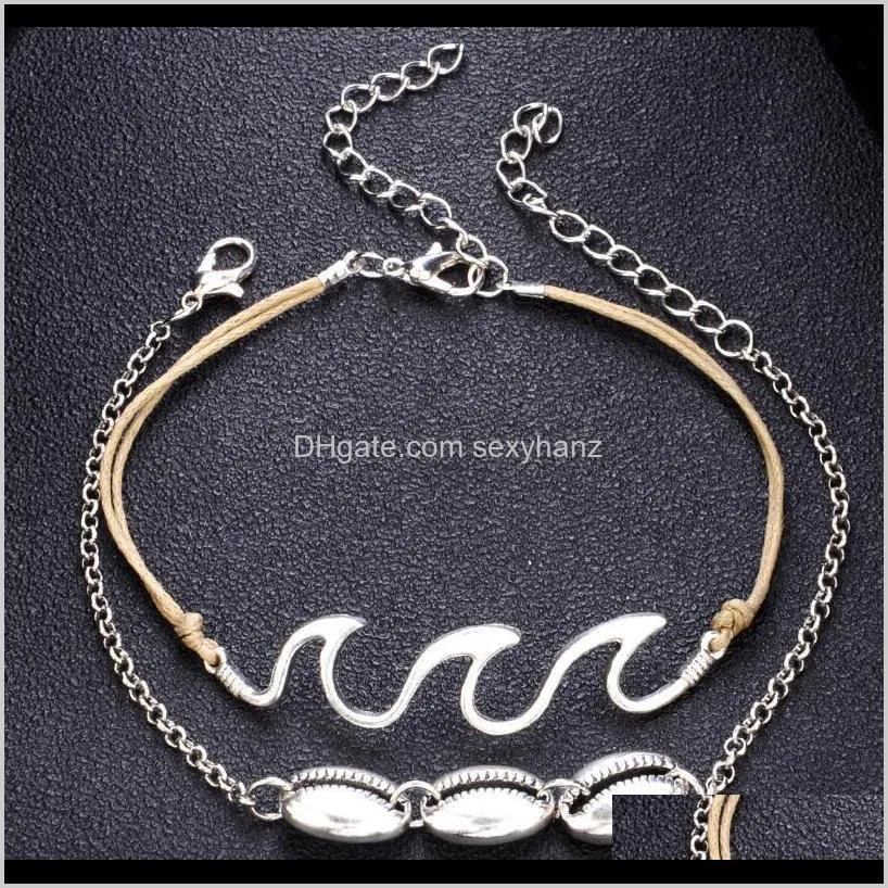 2pcs/set simple women sea shells anklets beach spindrift seashell foot chain weaving wax rope charm pendant anklet jewelry gifts