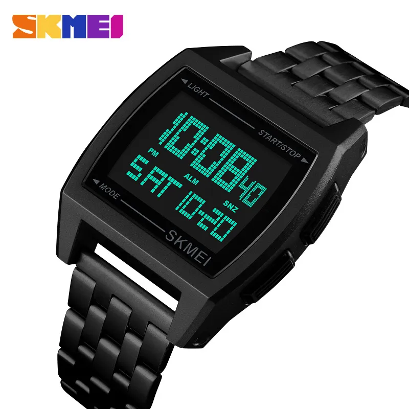 Skmei Top Luxury Watch Men Stainless Steel Strap Fashion 3bar Waterproof Watches Led Display Digital Watch Reloj Hombre 1368 Q0524