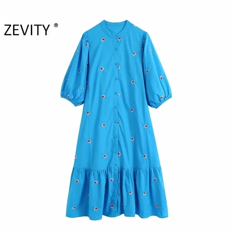 Zevity Femmes Vintage O Cou Fleur Broderie Chemise Robe Chic Lady Hem Plis Volants Robes Robes Midi Droites DS4171 210623