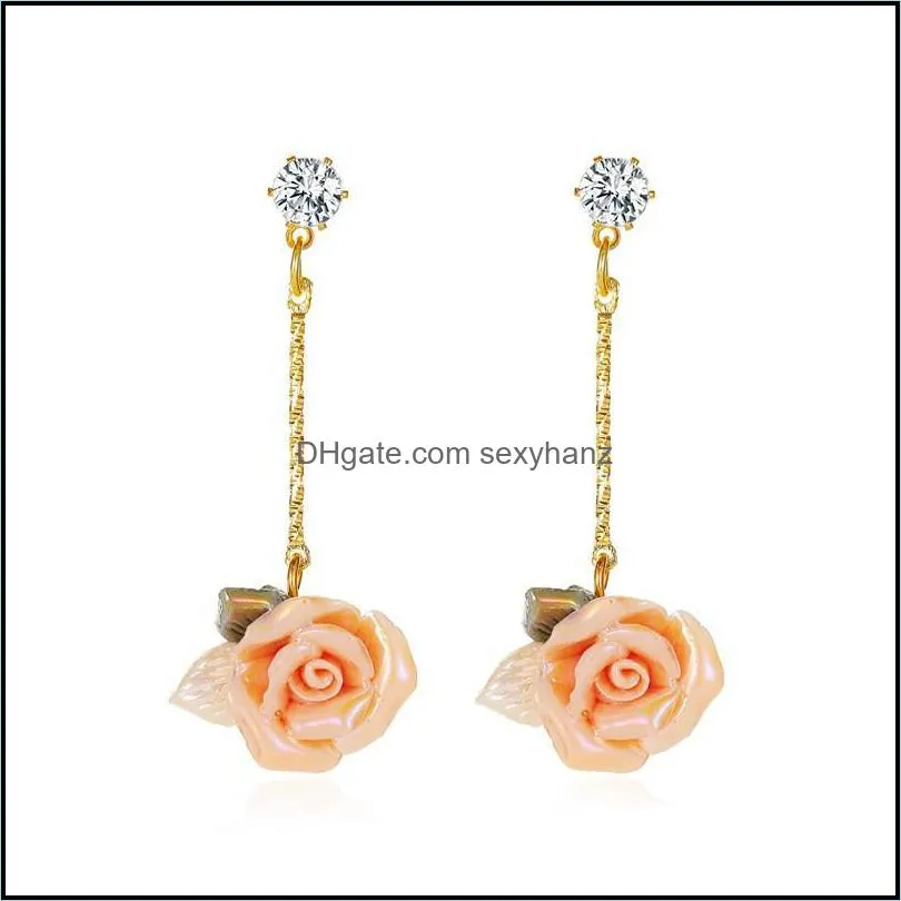 French Rose Flower Long Dangle Earrings Women Retro Crystal Tassel Chain Ear Nail European Business Party Gift Floral Earring Jewelry