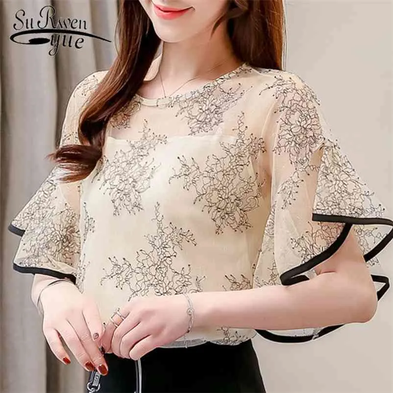 Vrouwen chiffon kant shirt Koreaanse lente zomer blouse onregelmatige korte mouwen flare mouw O-hals bedrukte bloem tops 3546 210521