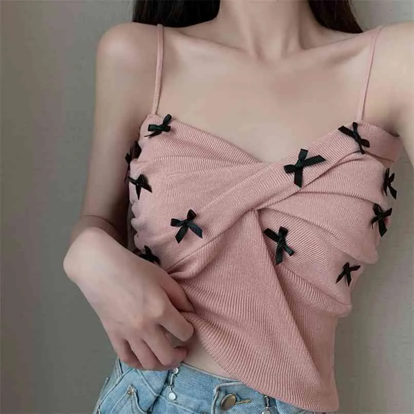 Cute Crop Top Tie Up Tank Retro Party Tee Women Sweet Mini Vest Sweat 210529