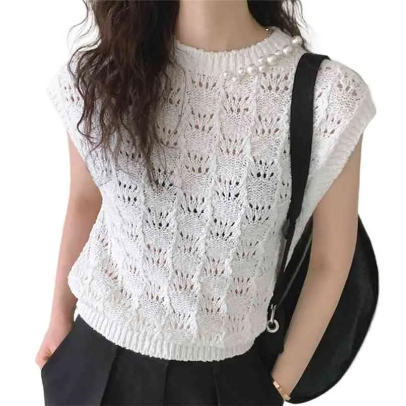 T-shirt tricoté pour femmes de mode été simple décoration de perles section mince creux gilet de soie de glace tout-match 210520