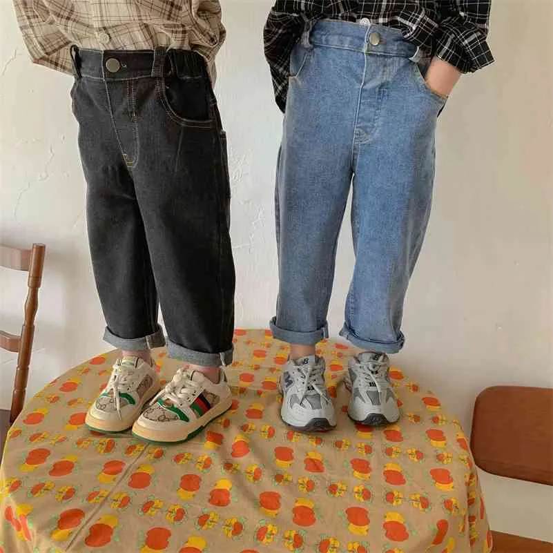 Herfst unisex casual elastische denim broek jongens en meisjes katoen rechte 2 kleuren jeans 210708