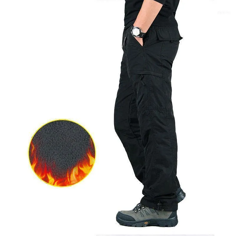 Erkek Pantolon Kargo Kalın Polar Çok Cepler Taktik Pamuk Erkekler Dış Giyim Kış için Dış Giyim Düz Rahat Pantolon1