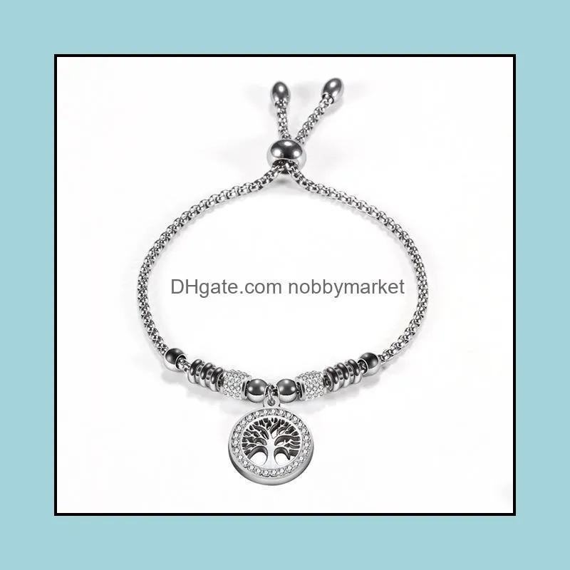 Vintage Gold Silver Color Stainless Steel Charm Bracelet with Tree of life Pendant Crystal Ball Bracelet for Woman